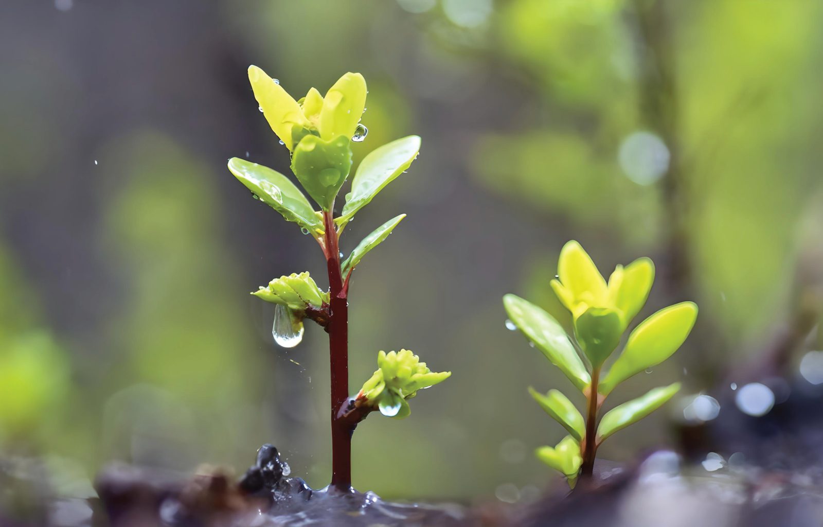 A new seedling unfurling, with dew still on its leaves